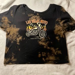 Black, bleach tie-dye, motorcycle graphic crop top, size L